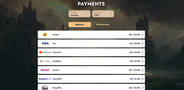 HeroSpin payments and transactions interface screenshot