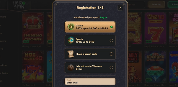 HeroSpin registration form interface screenshot