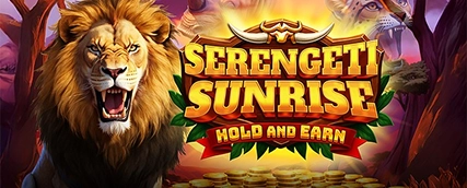 HeroSpin Serengeti Sunrise Hold and Earn slot game banner with lion