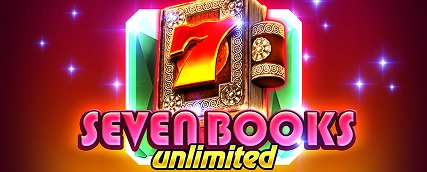 HeroSpin Seven Book Unlimited slot game banner with glowing book and sevens